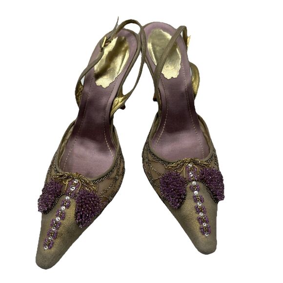 Rene Caovilla Gold Metallic Pink Beaded Leather Heels Slingbacks Sz 7 - Picture 2 of 10
